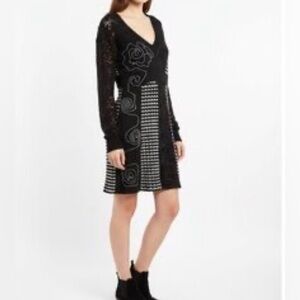 Kessley Black Mixed Media Mini Dress Size Medium Knit Embroidered Lace